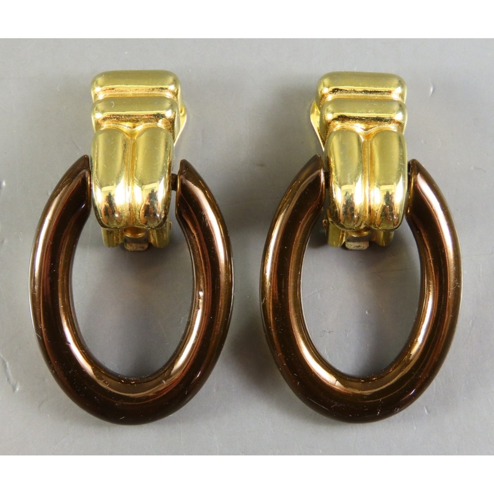 Vintage GOLD TONE CLIP-ON DANGLE EARRINGS Dark Brown Enamel DOORKNOCKERS OVAL